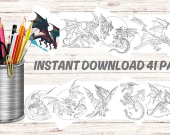 Dragons Digital Coloring Book | Coloring book | Coloring pages | Adult coloring book | Stress relief | Fantasy | Line art | Relaxation