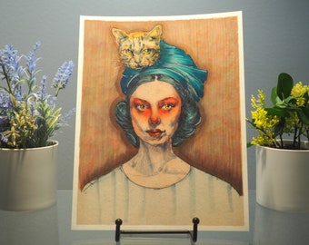 Protectors limited edition hand colored giclee print portrait of lady and a cat