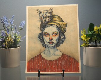 Protectors limited edition hand colored giclee print portrait of lady and a cat