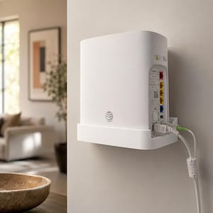 May include: A white AT&T Wi-Fi router mounted on a wall in a white plastic bracket. The device features a vertical orientation with a series of colored ethernet ports, a QR code, and various connection cables plugged into the side panel.
