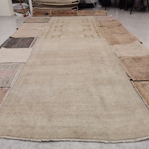 Vintage Neutral Runner Rug 3&#39; 5&quot; x 12&#39; 2&quot; // Distressed Runner, Vintage Oushak Rug, Muted Wool Rug, Antique Turkish Rug, Rug For Hallway