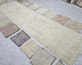 Tapis de passage en laine turque beige 3&#39; 3&quot; x 12&#39; 11&quot;// Tapis de passage en détresse, tapis Oushak vintage, tapis en laine tamisée, tapis Oushak neutre, tapis en laine fait main