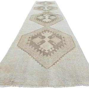 Faded Vintage Wool Runner Rug 3&#39; 1&quot; x 13&#39; 0&quot; // Distressed Runner, Vintage Oushak Rug, Muted Wool Rug, Neutral Turkish Rug, Rug For Hallway