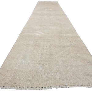 Faded Vintage Wool Runner Rug 2' 11" x 13' 1" // Distressed Runner, Vintage Oushak Rug, Muted Wool Rug, Neutral Turkish Rug, Rug For Hallway