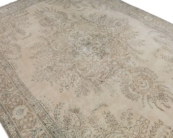X Großer türkischer Teppich 9'8 "x 12'6" // Übergroßer Vintage Teppich, Creme Oushak Teppich, Großer Neutraler Teppich, Gedämpfter Wollteppich, Verblasster Großer Oushak