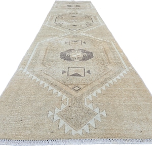 Neutral Oushak Runner Rug 3&#39;2&quot; x 13&#39;0&quot; // Turkish Wool Runner, Muted Wool Rug, Vintage Runner, Narrow Wool Runner