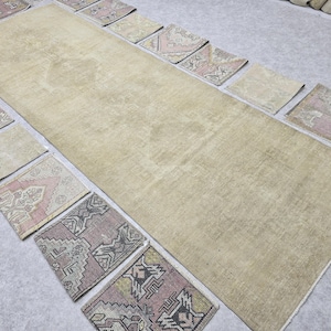 Faded Neutral Runner Rug 3&#39; 11&quot; x 11&#39; 11&quot; // Distressed Runner, Vintage Oushak Rug, Muted Wool Rug, Antique Turkish Rug, Rug For Hallway