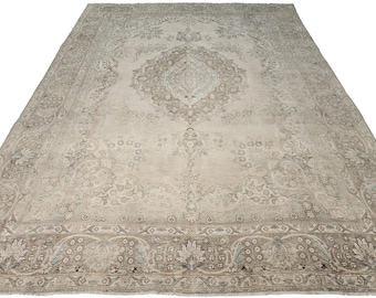 Tapis en laine oushak beige surdimensionné 9'6" x 12'7"// tapis vintage en laine, tapis discret, tapis turc vintage, tapis bohème neutre