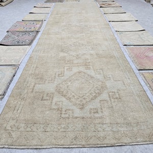 Faded Vintage Wool Runner Rug 3' 5" x 12' 7" // Distressed Runner, Vintage Oushak Rug, Muted Wool Rug, Neutral Turkish Rug, Rug For Hallway
