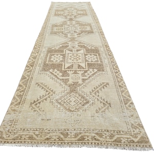 Brown Turkish Rug 3&#39; 2&quot; x 11&#39; 6&quot; // Neutral Oushak Runner, Brown Oushak Runner, Vintage Faded Rug, Muted Runner, Wool Runner Rug