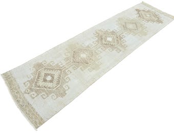 Neutral Oushak Runner Rug  2' 11" x 11' 7"  //  Antique Turkish Rug, Beige Oushak Runner, Muted Vintage Runner, Neutral Wool Runner,