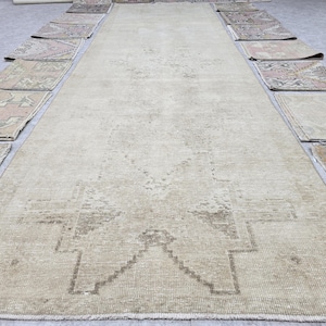 Muted Oushak Rug 3&#39;8&quot; x 11&#39;10&quot; // Wool Runner Rug, Turkish Runner Rug, Oushak Runner, Boho Vintage Rug, Oriental Runner, Faded Runner