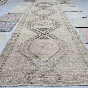 Vintage Neutral Runner Rug 3' 8" x 11' 4" // Distressed Runner, Vintage Oushak Rug, Muted Wool Rug, Antique Turkish Rug, Rug For Hallway