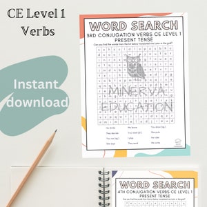May include: Two printable word search worksheets for learning Latin verb conjugations. The first worksheet is for 3rd conjugation verbs in the present tense and the second is for 4th conjugation verbs in the present tense. Both worksheets have a grid of letters with words to find.