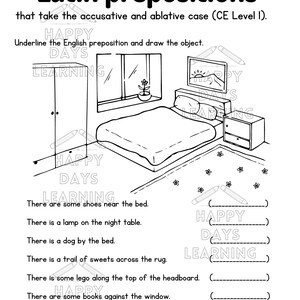 May include: A black and white illustration of a bedroom with a bed, bedside table, wardrobe, window, and rug. The text "There are some shoes near the bed." is written below the image.
