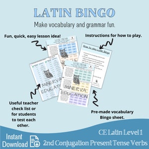 May include: A printable Latin Bingo game for students learning 2nd conjugation present tense verbs. The game features an owl illustration and the text "Latin Bingo" and "Minerva Education".