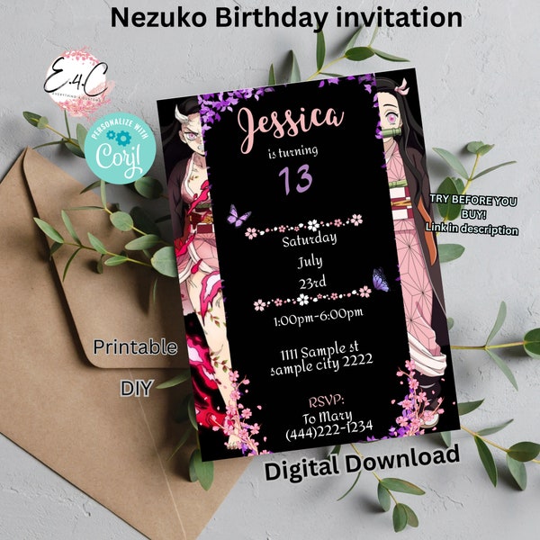 Anime birthday invitation, Manga birthday invitation, editable birthday invitation, printable birthday invitation, demon anime birthday