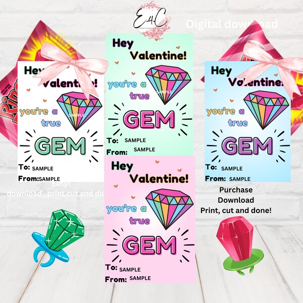 Ring pop valentine cards, printable valentine cards, gemstone valentine cards, gem valentine cards, classroom valentine cards, digital.