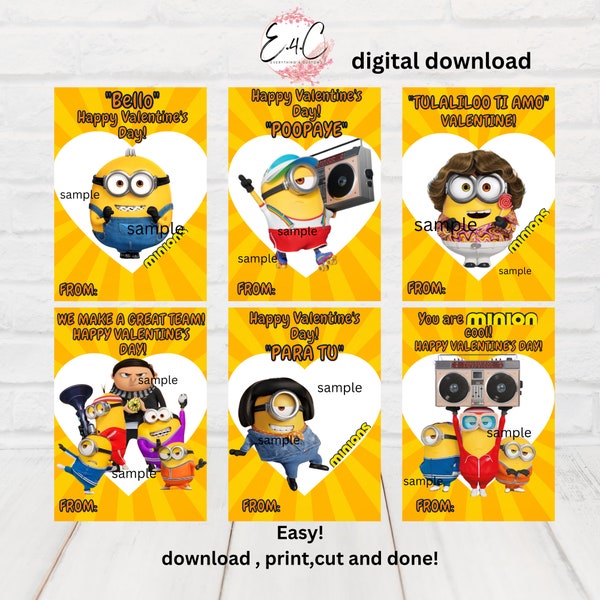 Minion valentine's day cards, valentine day cards for kids, printable kids valentine cards, classroom valentine cards, digital download