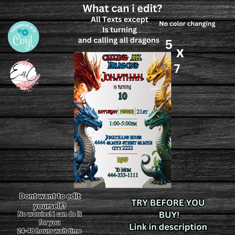 Dragons Birthday Invitation, Elements Birthday Invitation, Editable ...