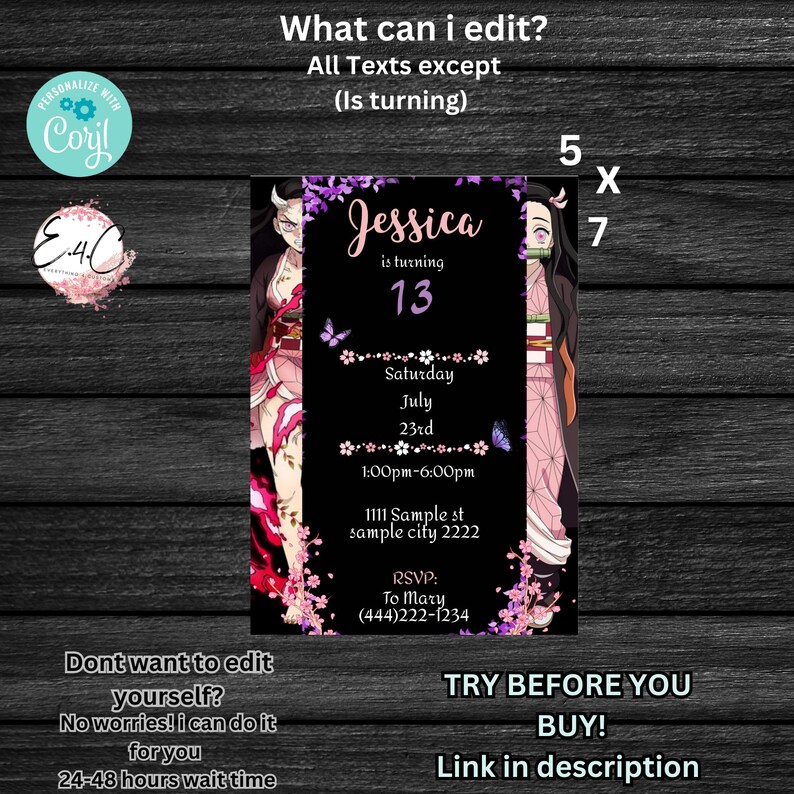 Anime Birthday Invitation, Manga Birthday Invitation, Editable Birthday ...