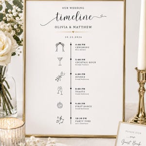 Può includere: Un cartello verticale con il programma del matrimonio in una cornice dorata con il testo Our Wedding Timeline, Olivia & Matthew, e la data 10.22.2026. Elenca gli eventi dalle 16:00 alle 22:30 con icone per cerimonia, cocktail, cena e ballo.