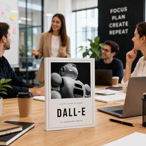 Op de afbeelding: Een boek getiteld "A Mini-Guide to Using DALL-E AI Generated Images" ligt op een houten tafel. De omslag toont een grijswaardenafbeelding van een robot. Mensen zijn op de achtergrond, vermoedelijk in een vergadering.