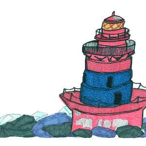 May include: A hand-drawn illustration of a red lighthouse with blue and white details, standing on a rocky shore. The lighthouse has a small, round window and a pointed roof. The rocks are a dark green color.
