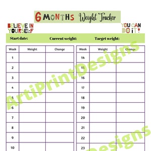 Printable Weight Loss Tracker, weight Loss Goal Tracker, Motivational Chart, 6 Month Goals, Weekly Weigh in