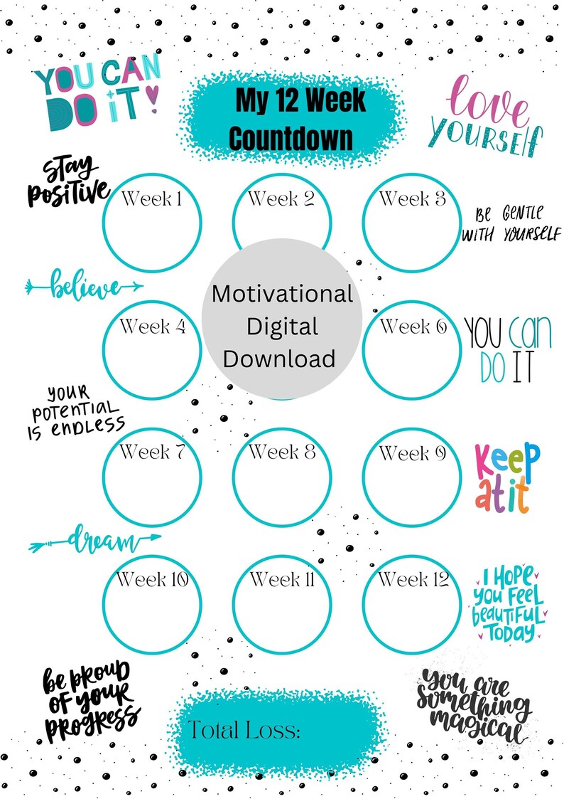 12 Week Countdown, Weight Loss Tracker. Progress Chart, Visual