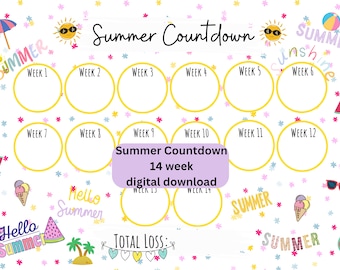 Zomer Countdown. 14 weken aftellen, gewichtsverlies tracker. Voortgangsgrafiek met visuele motivatie