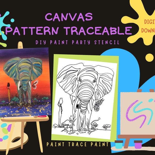 Canvas Pattern Elephant Traceable for DIY Paint Party Digital Download