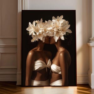 Black Lesbian Couple Wall Art | Black Gay Art Print | African American Bohemian Woman Art | Lgbt Flower Head Art Large FRAMED PRINTED POSTER