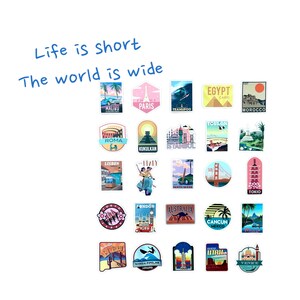 Viaggi nel mondo, Città di tutto il mondo, Confezione da 25, Adesivi punto di riferimento, Impermeabile, Alta qualità, Laptop Chitarra Skateboard Valigia Adesivi bagagli
