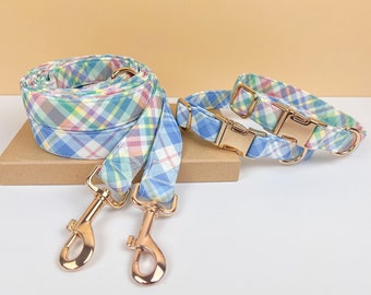 Personalisiertes Hundehalsband kariert: Baumwollmischung, Gold-Hardwares