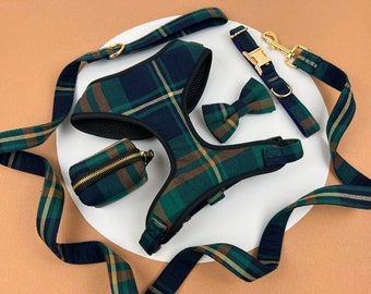 Plaid Dog Harness Set: Personalized Bow Collar & Leash, No-Pull Vest