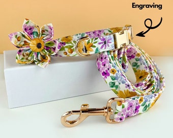 Personalisiertes Blumen Hundehalsband mit Leine: Gravierter Name, Blumen Detail
