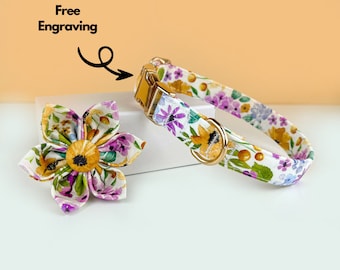 Personalized Floral Dog Collar,  Dog Flower Collar, Engraved Dog Collar with Name, Dog Collar Leash Set, Dog Collar Girl