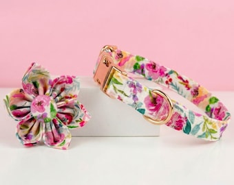 Personalized Floral Dog Collar,  Dog Flower Collar, Engraved Dog Collar with Name, Dog Collar Leash Set, Dog Collar Girl