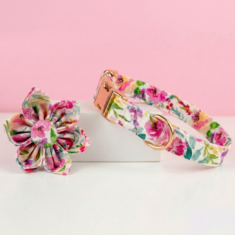 May include: A floral dog collar and matching flower accessory. The collar features a white background with pink, purple, and green floral patterns. The collar has a gold-colored buckle. The flower accessory is made of the same floral fabric.