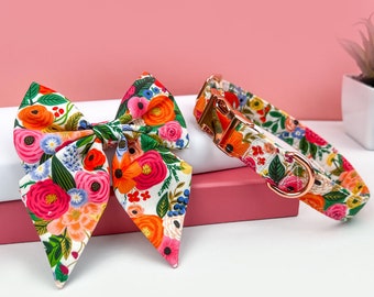 Personalized Floral Dog Collar with Bow: Cotton Fabric, Gold Hardware