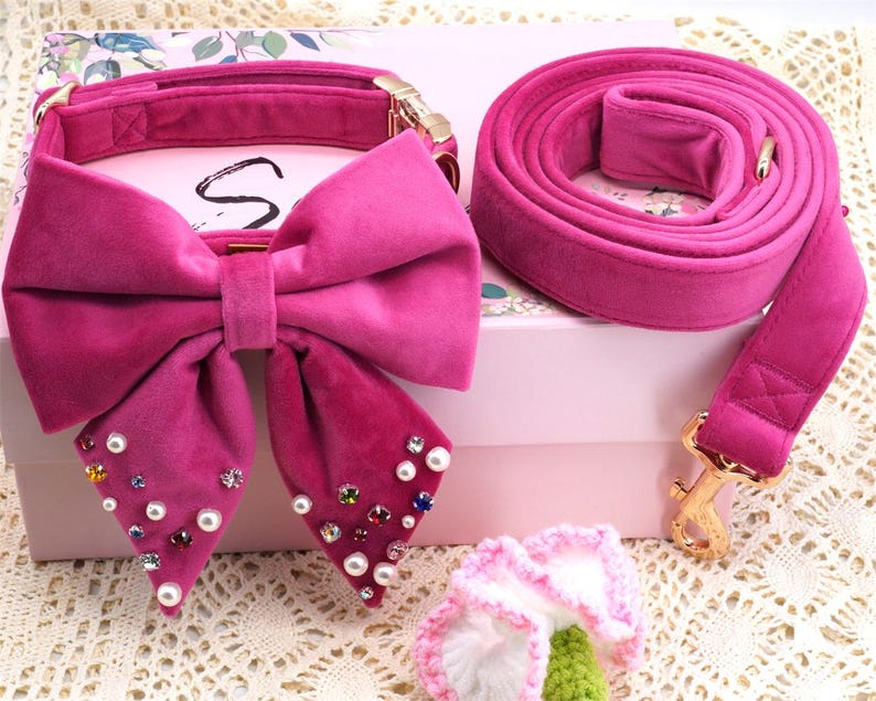 May include: A fuchsia velvet dog collar with a large bow adorned with pearls and gemstones, paired with a matching leash. The set includes a gold-tone clasp and is presented on a pink box.