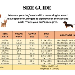 May include: Size guide for dog collars, harnesses, and leashes. The chart shows neck girth, collar width, flower size, bow size, and adjustable harness measurements in inches and centimeters. The chart also includes a leash size of one size.