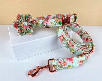 Personalized Floral Dog Collar,  Dog Collar Leash Set, Dog Flower Collar, Engraved Dog Collar with Name, Dog Collar Girl