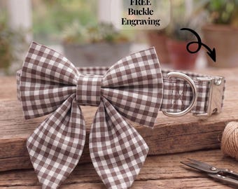 Hundehalsband-Set mit braunem Vichy-Karo, personalisiertes graviertes Hundehalsband mit Matrosenschleife, Hundeleine-Set mit Halstuch und Kotbeutelhalter im Herbstkaro-Design