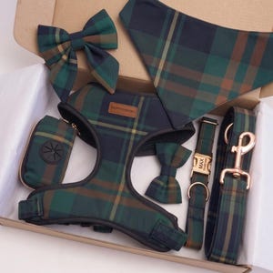 May include: A pet accessory set featuring a dark green and navy plaid pattern. The collection includes a harness with a HappySurPaws label, a leash with a rose gold clip, a collar with a gold tag reading MAX, a waste bag holder, and two bows.