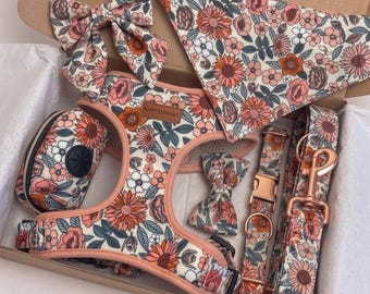May include: A pet accessory set featuring a floral pattern in shades of peach, orange, and dark green. The set includes a harness, a leash with rose gold hardware, a collar, a bow tie, a triangular bandana, a hair bow, and a waste bag dispenser.