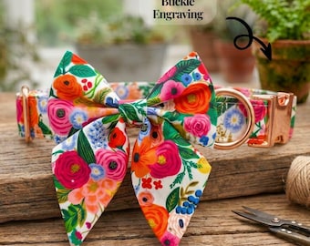 Custom Floral Dog Collar: Personalized Cotton Collar with Engraved Buckle