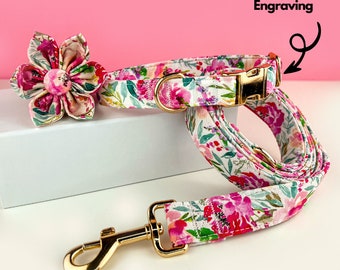 Personalized Floral Dog Collar,  Dog Flower Collar, Engraved Dog Collar with Name, Dog Collar Leash Set, Dog Collar Girl