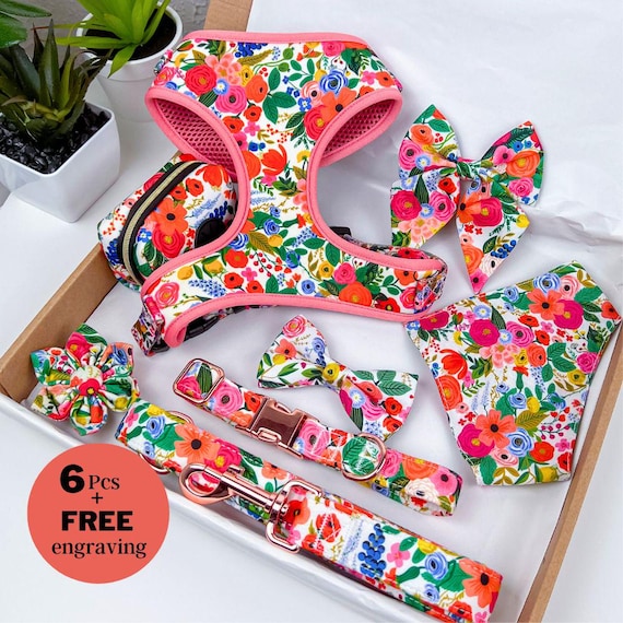 Floral Dog Harness Set, Personalized Puppy Collar & Leash, Cute Girl Summer Walking Gear, No Pull Vest, Custom Dog Gift, Rose Gold Hardware
